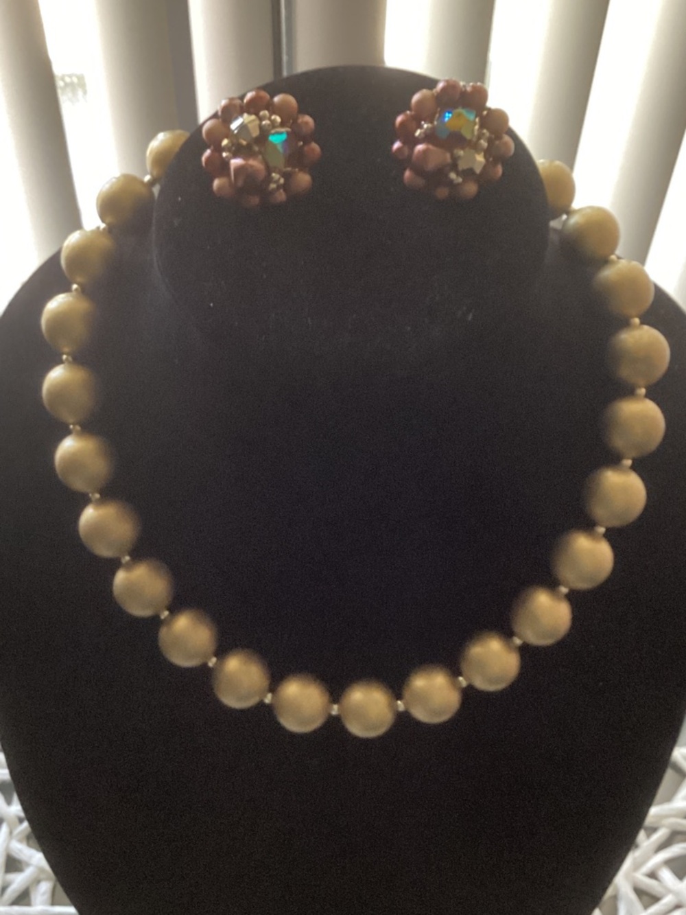 Classic Gold Bead Necklace with Matching Floral Clip-On Earrings
